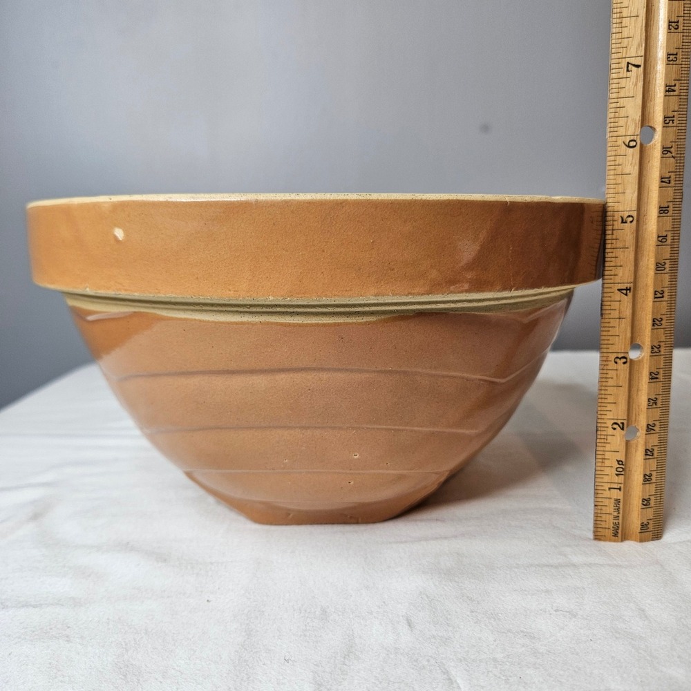 Antique Rock Island Lumber Co Stoneware Mixing Bowl Ribbed Yellowware 9" Square